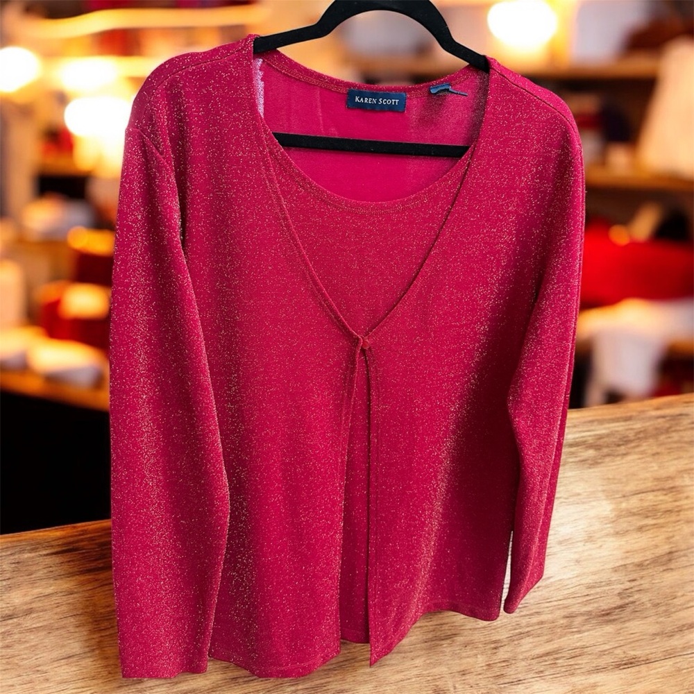 Karen Scott Glittering Red Cardigan - Picture 2 of 6